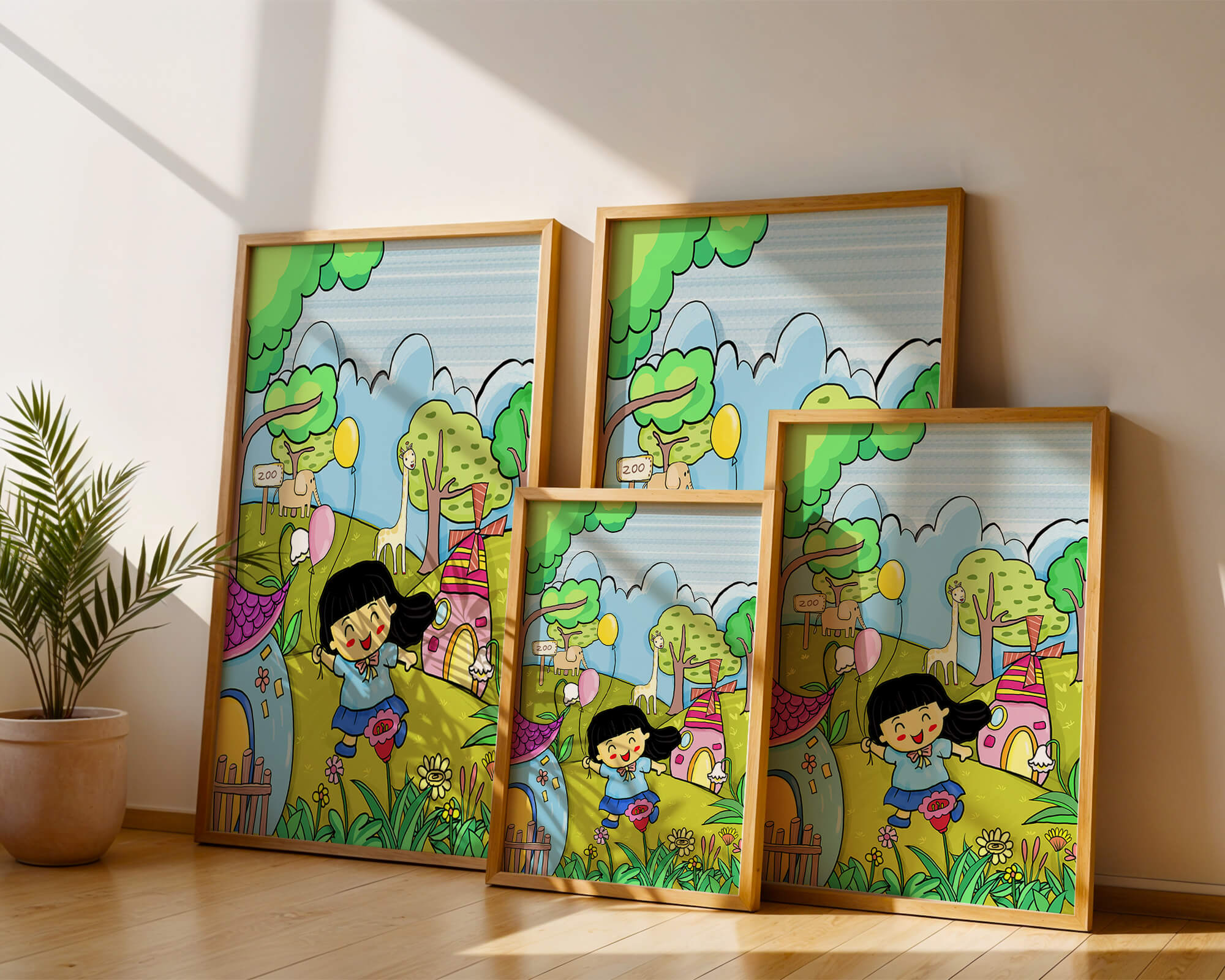 Colorful children's illustration of a joyful zoo visit with animals