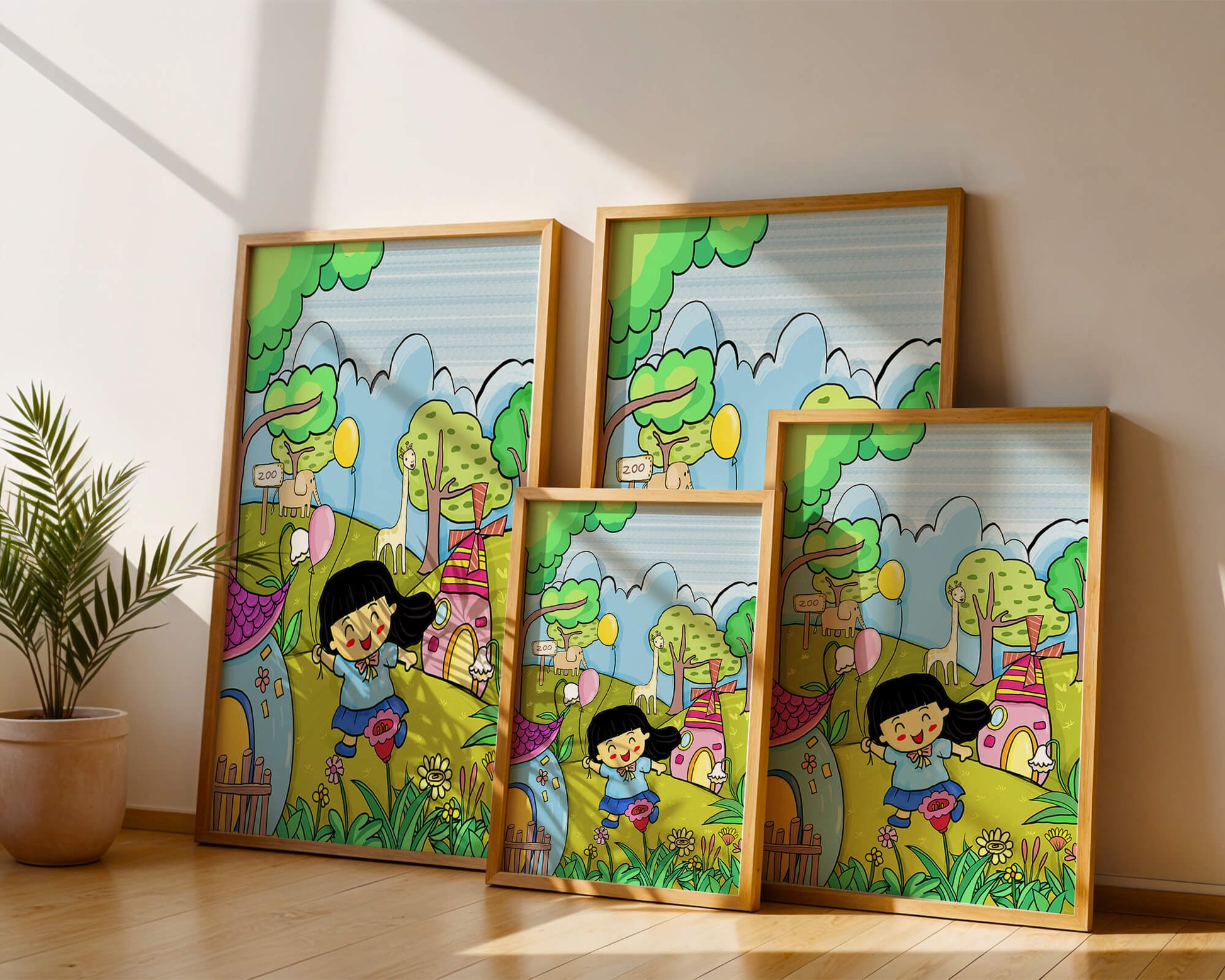 Colorful children's illustration of a joyful zoo visit with animals