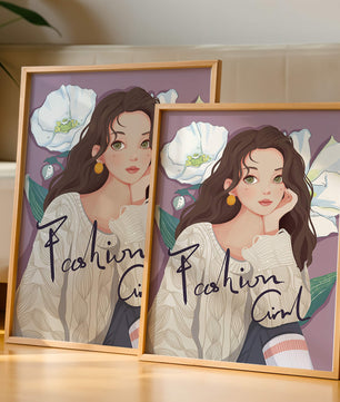 Illustrated fashion girl with floral background and purple theme