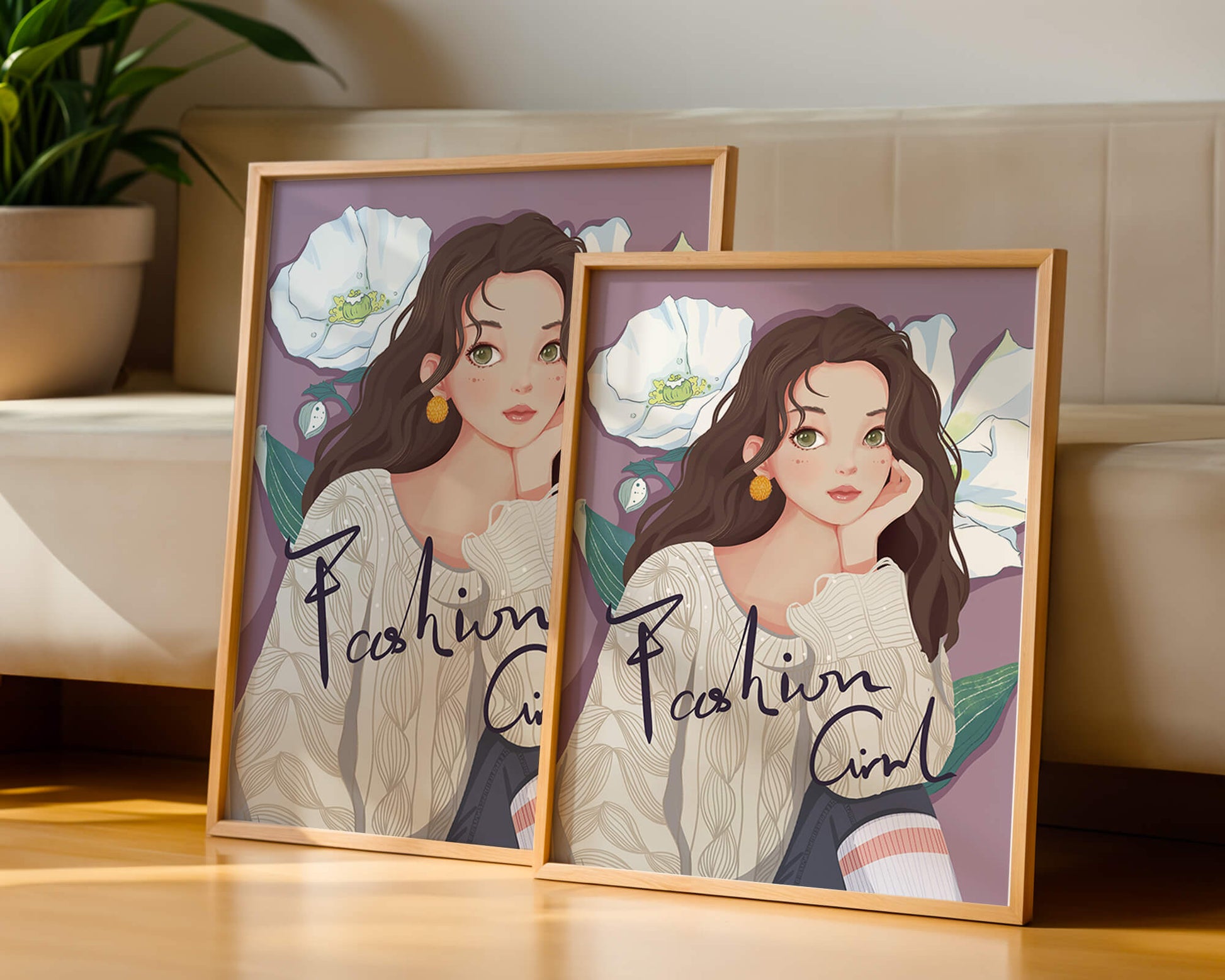Illustrated fashion girl with floral background and purple theme
