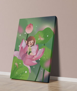 Charming fairy sitting on a blooming pink lotus in a magical garden