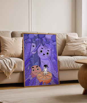 Whimsical forest scene with playful cartoon characters