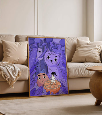 Whimsical forest scene with playful cartoon characters