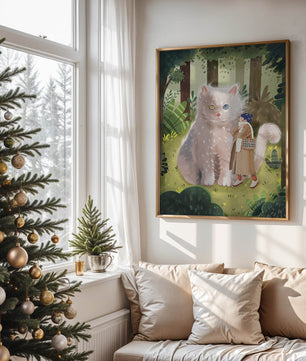 Verzauberter Wald mit einer riesigen Katze und einer Frau