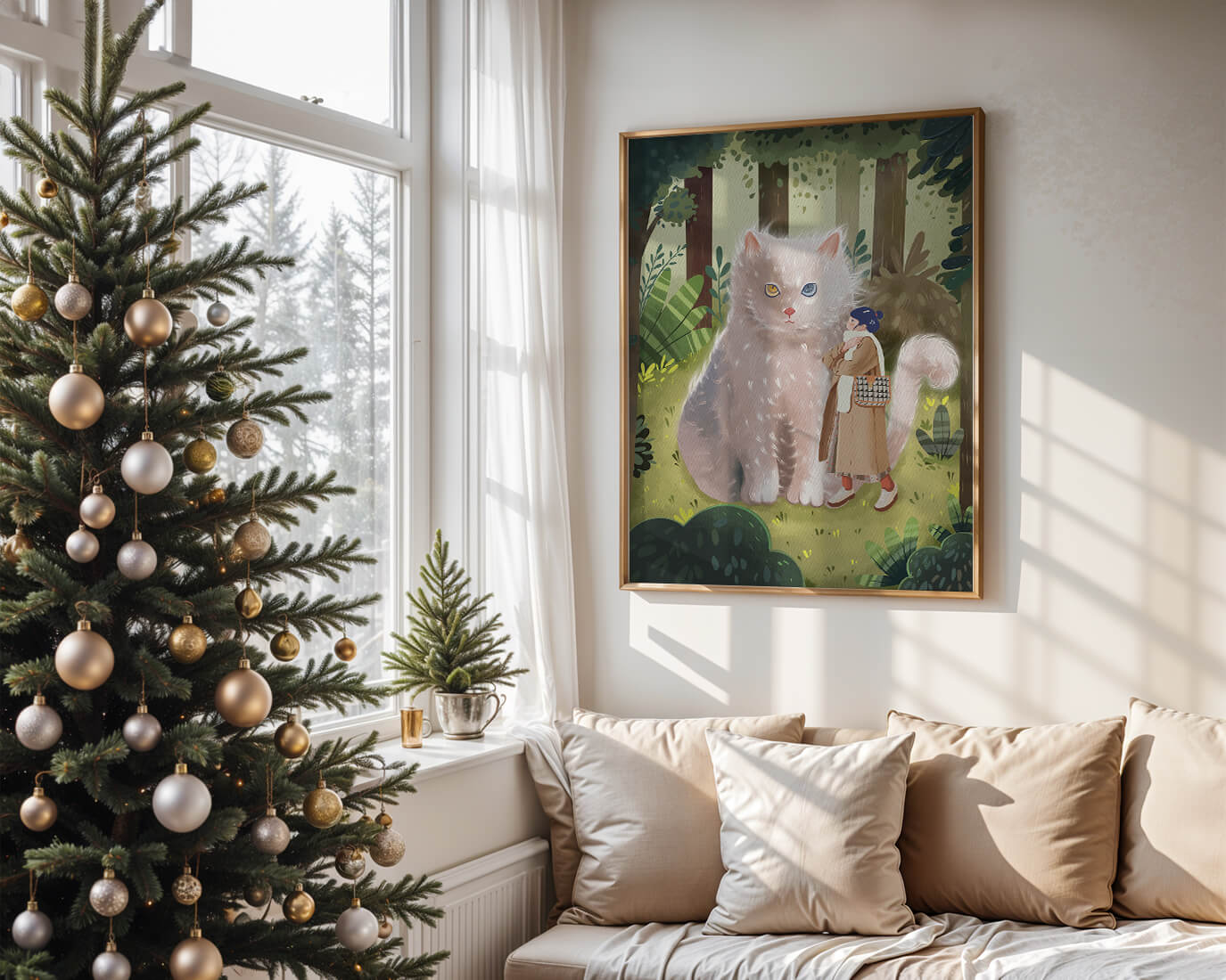 Verzauberter Wald mit einer riesigen Katze und einer Frau