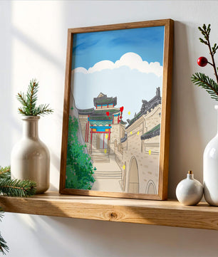Arquitectura china tradicional con toques vibrantes y fondo escénico