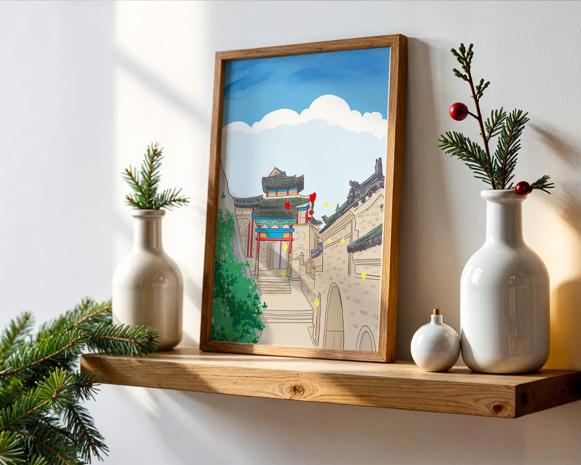 Arquitectura china tradicional con toques vibrantes y fondo escénico