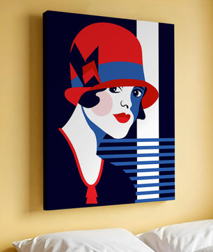 Femme élégante de style art déco avec chapeau cloche rouge et motifs géométriques