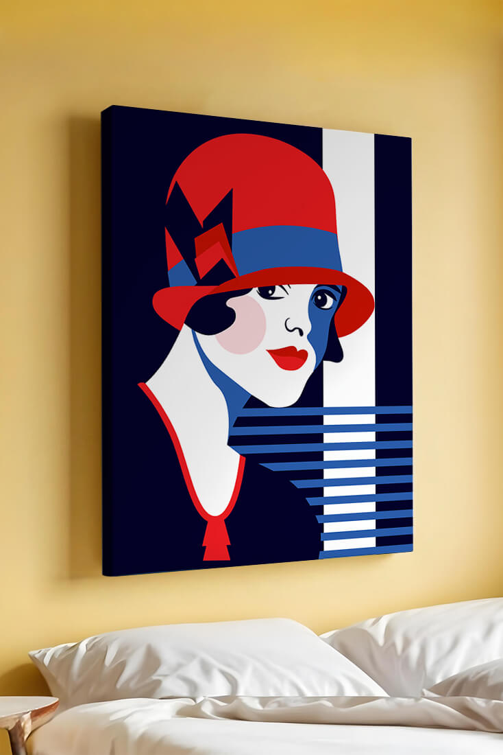Elegante mujer de estilo art déco con sombrero cloche rojo y patrones geométricos.