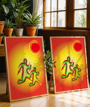 Abstract colorful figures under a vibrant sun with warm tones