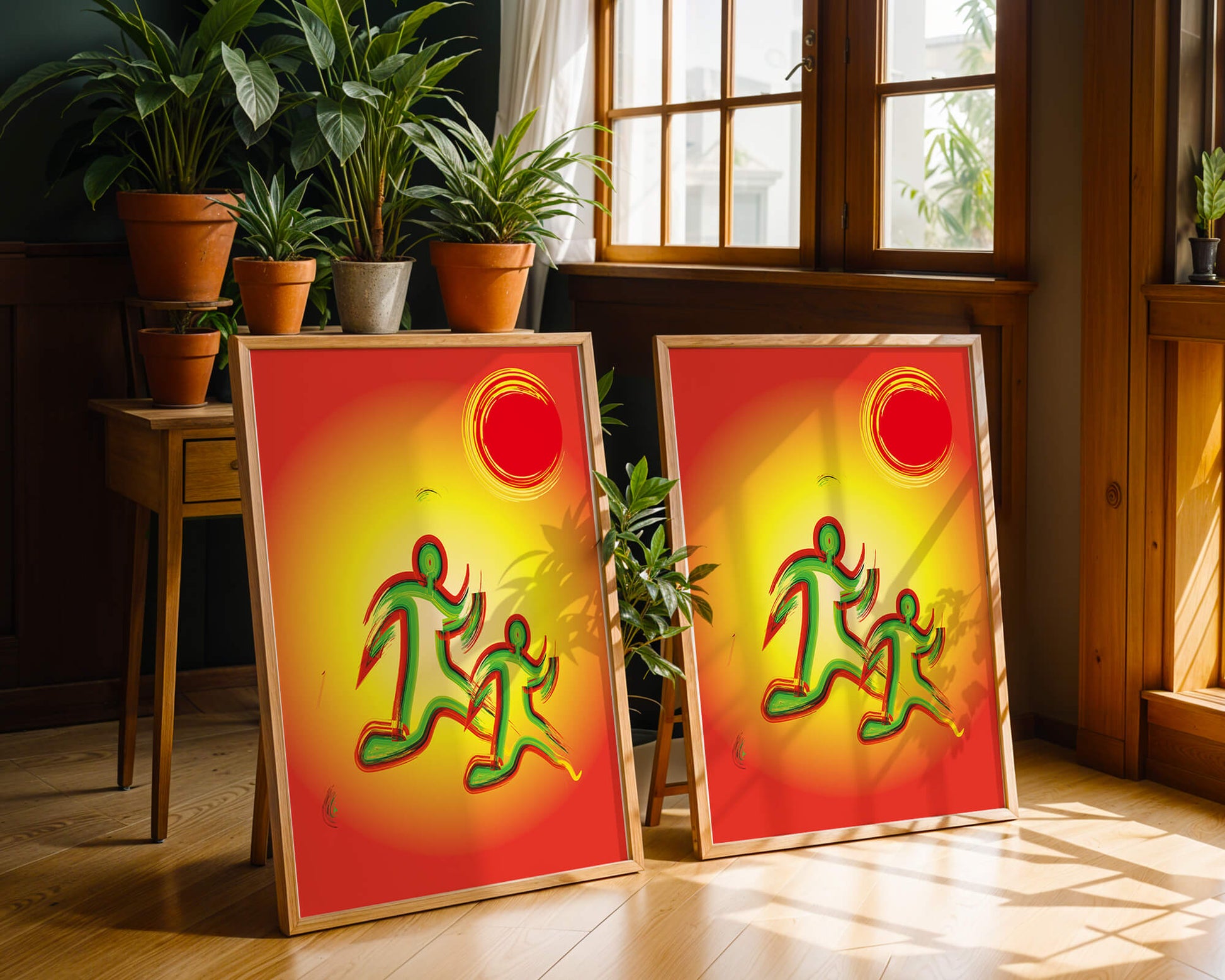 Abstract colorful figures under a vibrant sun with warm tones