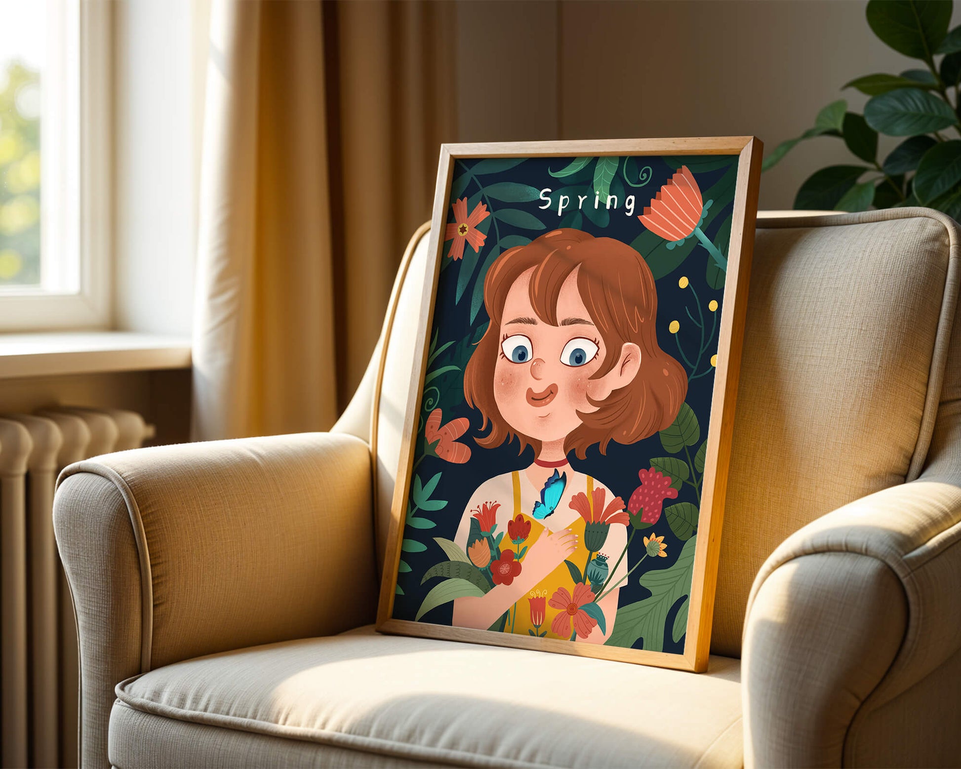 Ilustración primaveral encantadora con flores y mariposa