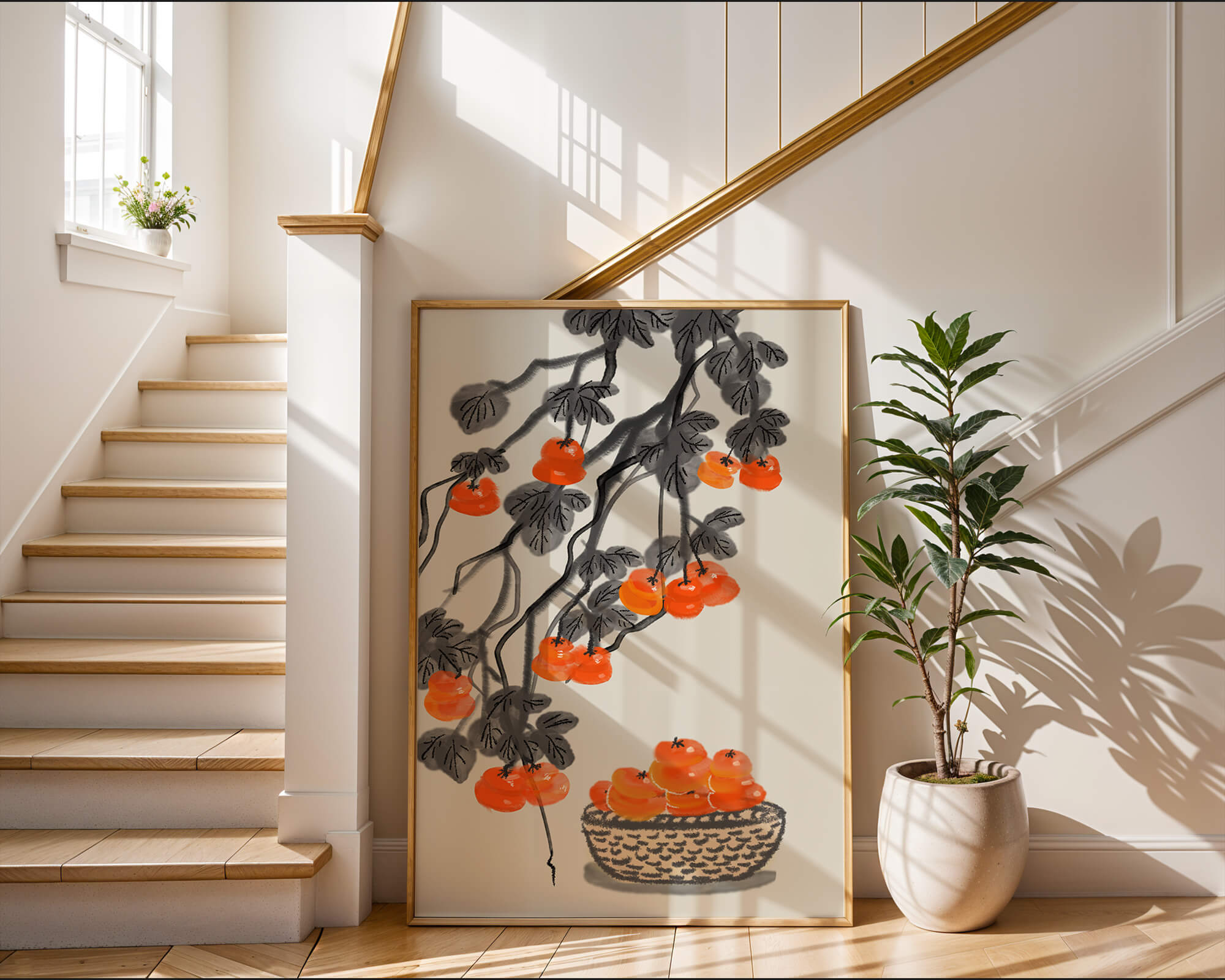 Artistic depiction of hanging persimmons with basket on watercolor canvas