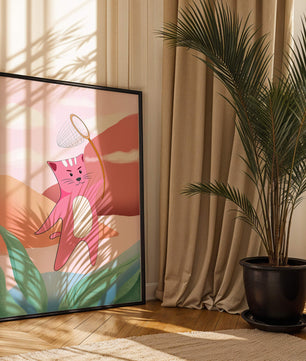 Pink Cat Holding Net in Whimsical Landscape