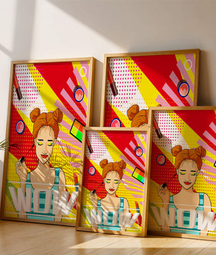 Ilustración de arte pop vibrante con una niña sonriente con maquillaje colorido y patrones audaces