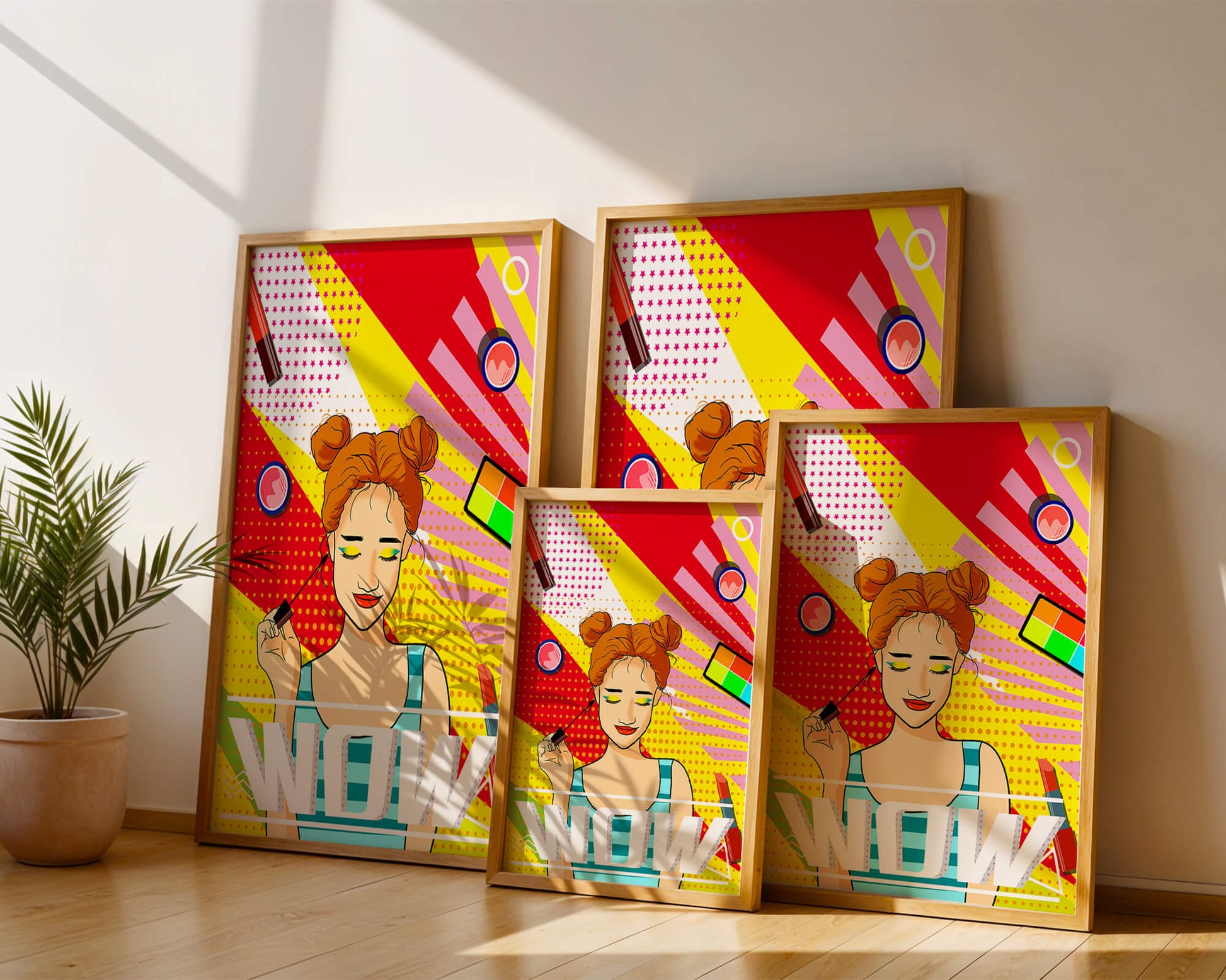 Ilustración de arte pop vibrante con una niña sonriente con maquillaje colorido y patrones audaces