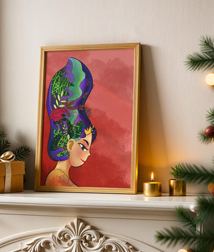 Colorful artistic portrait with nature-inspired hair design