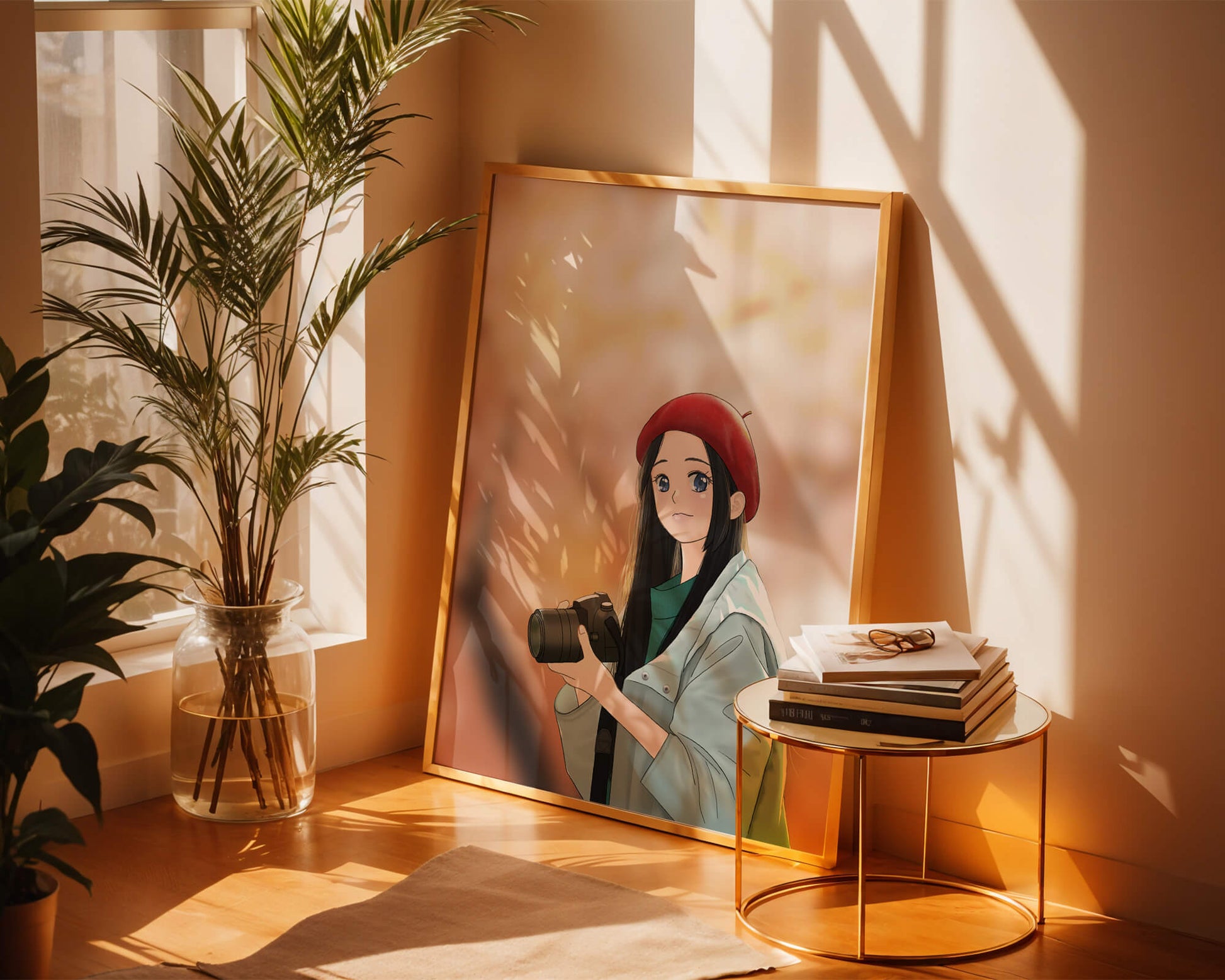 Anime girl in red beret holding camera during autumn