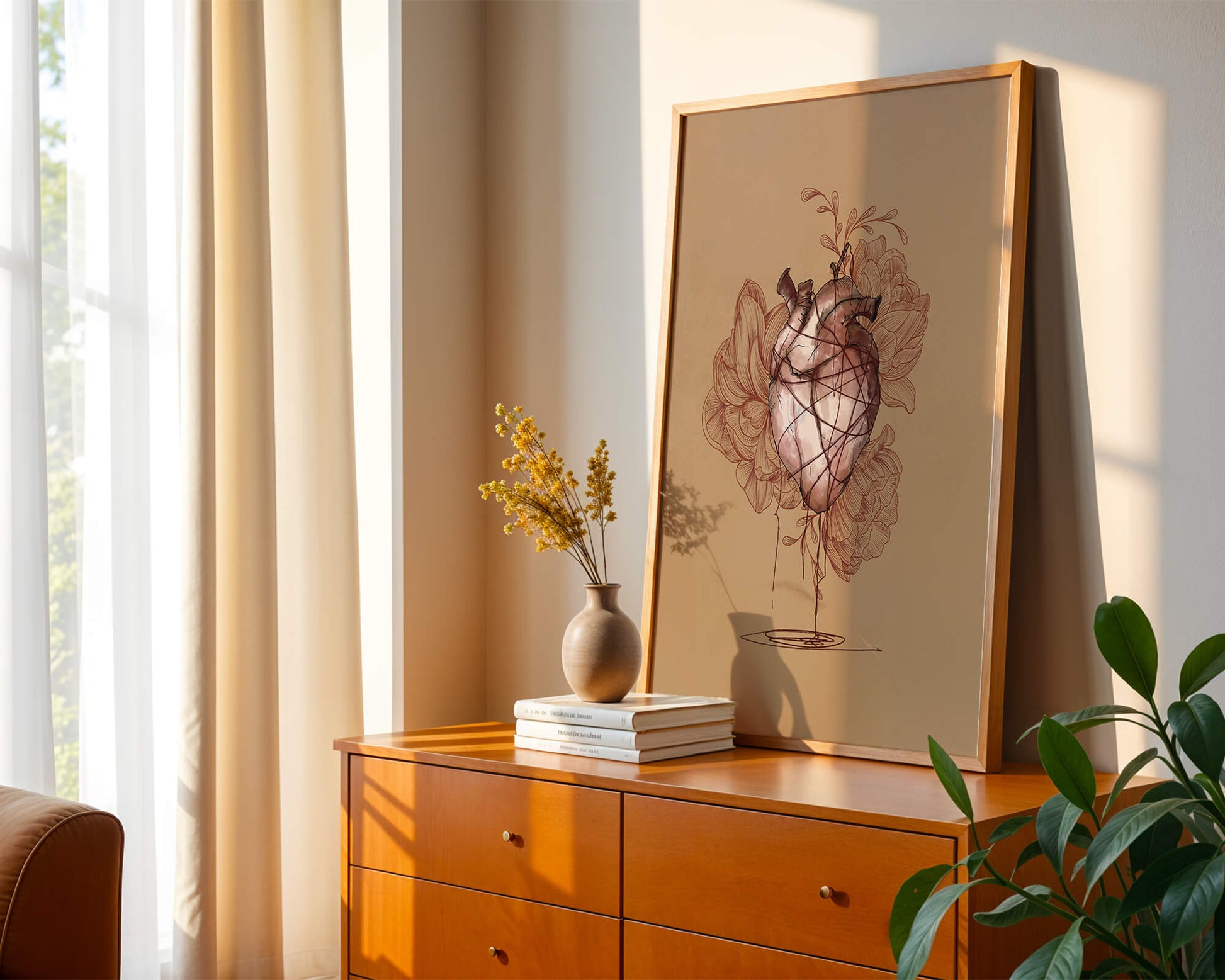 Ilustración detallada de un corazón anatómico con elementos florales sobre un fondo beige.