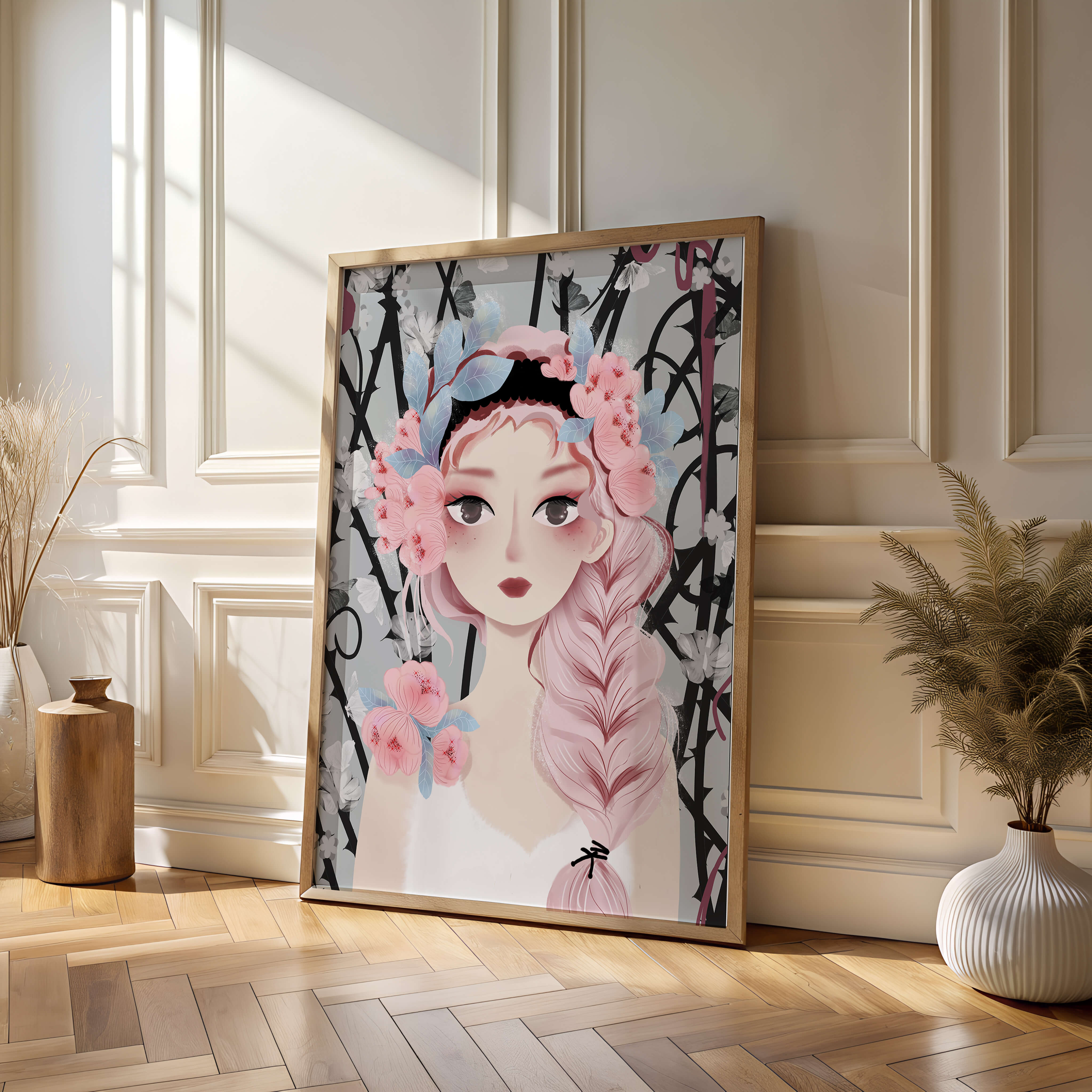Illustration of a girl with floral headpiece against abstract floral background