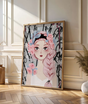 Illustration of a girl with floral headpiece against abstract floral background