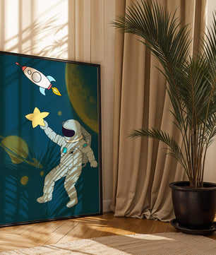 Astronaut Reaching for Star with Rocket and Planets in Space Scene - Mi tienda