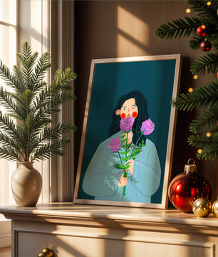 Illustration of a woman with purple flowers on a teal background
