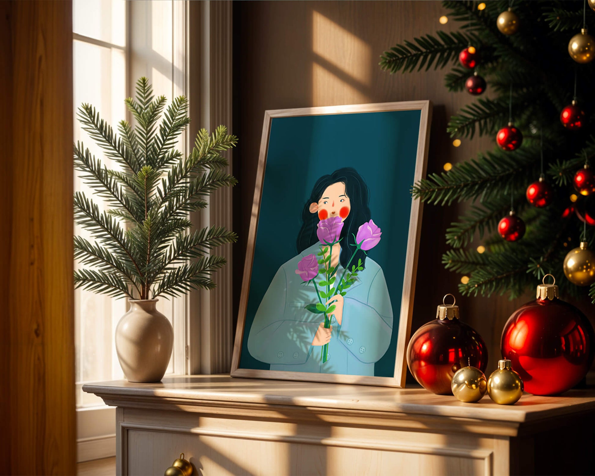 Illustration of a woman with purple flowers on a teal background