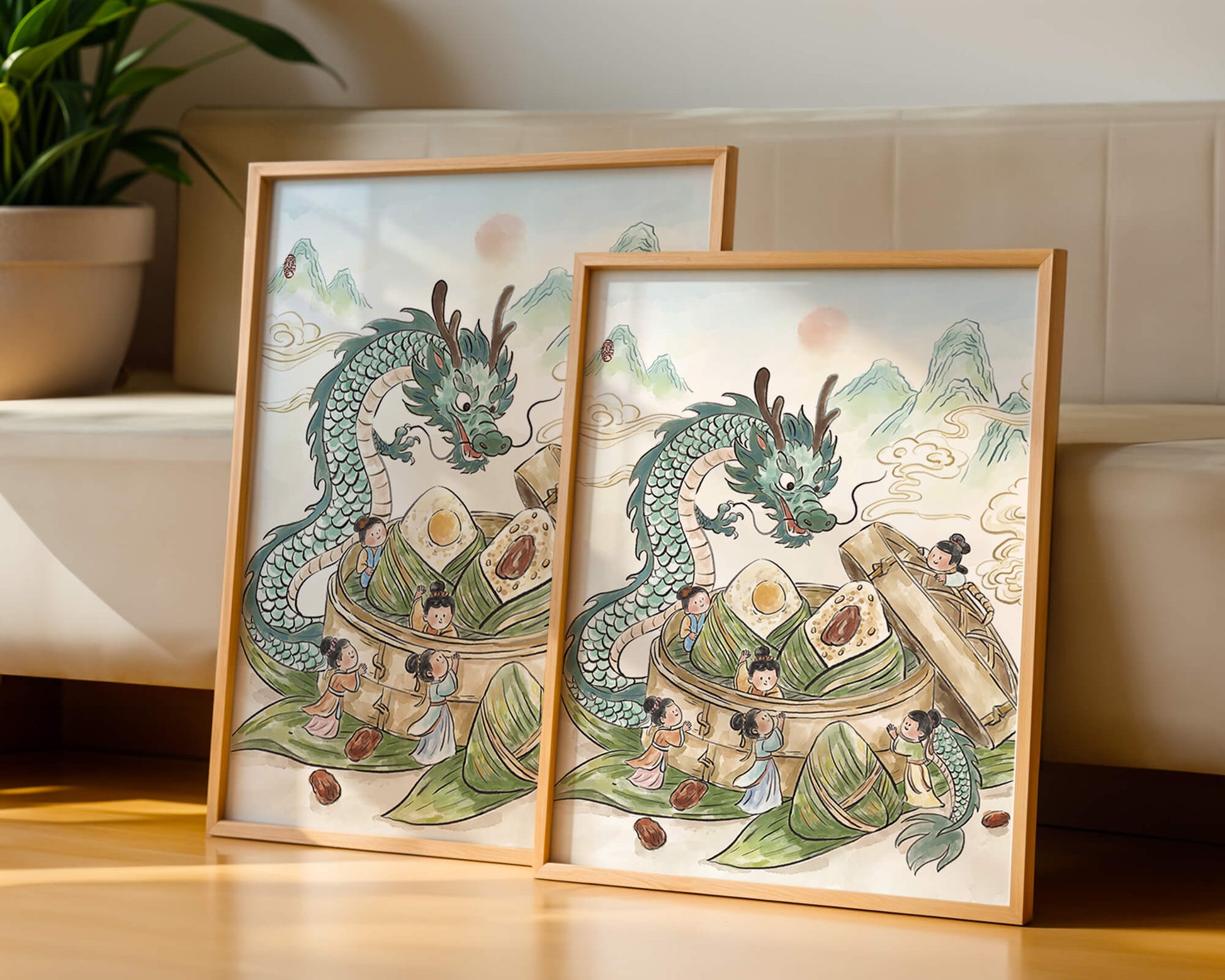 Dragón y dumplings al vapor con niños en un paisaje montañoso