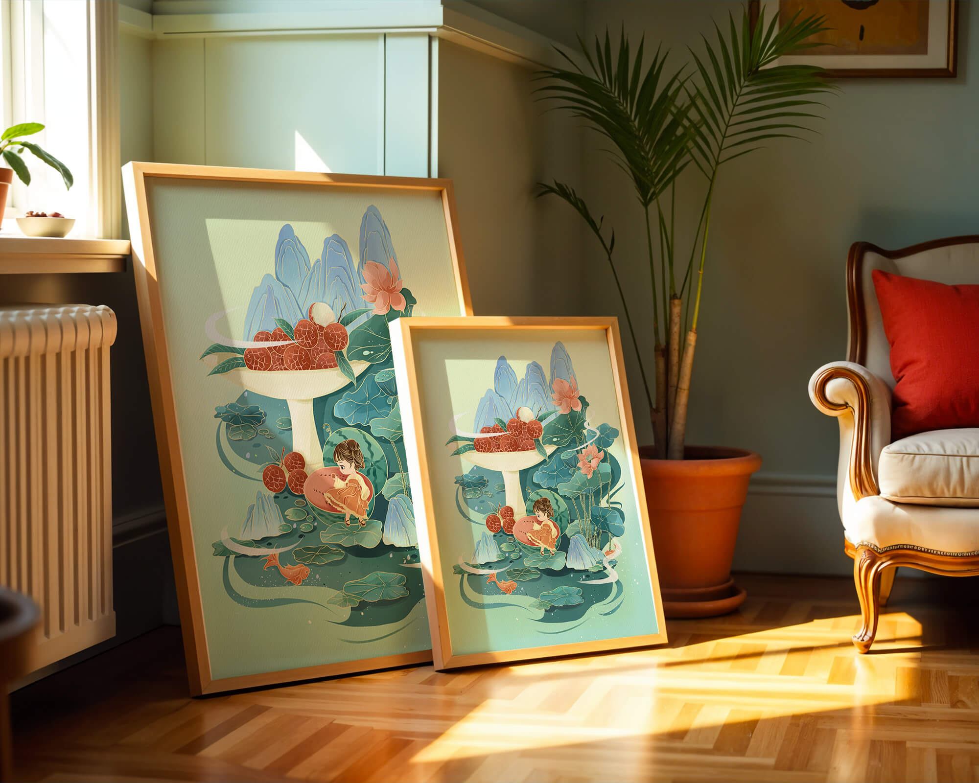 Whimsical illustration with girl, lychee, and lotus flowers