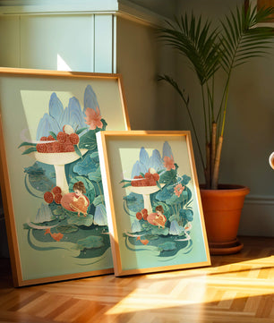 Whimsical illustration with girl, lychee, and lotus flowers