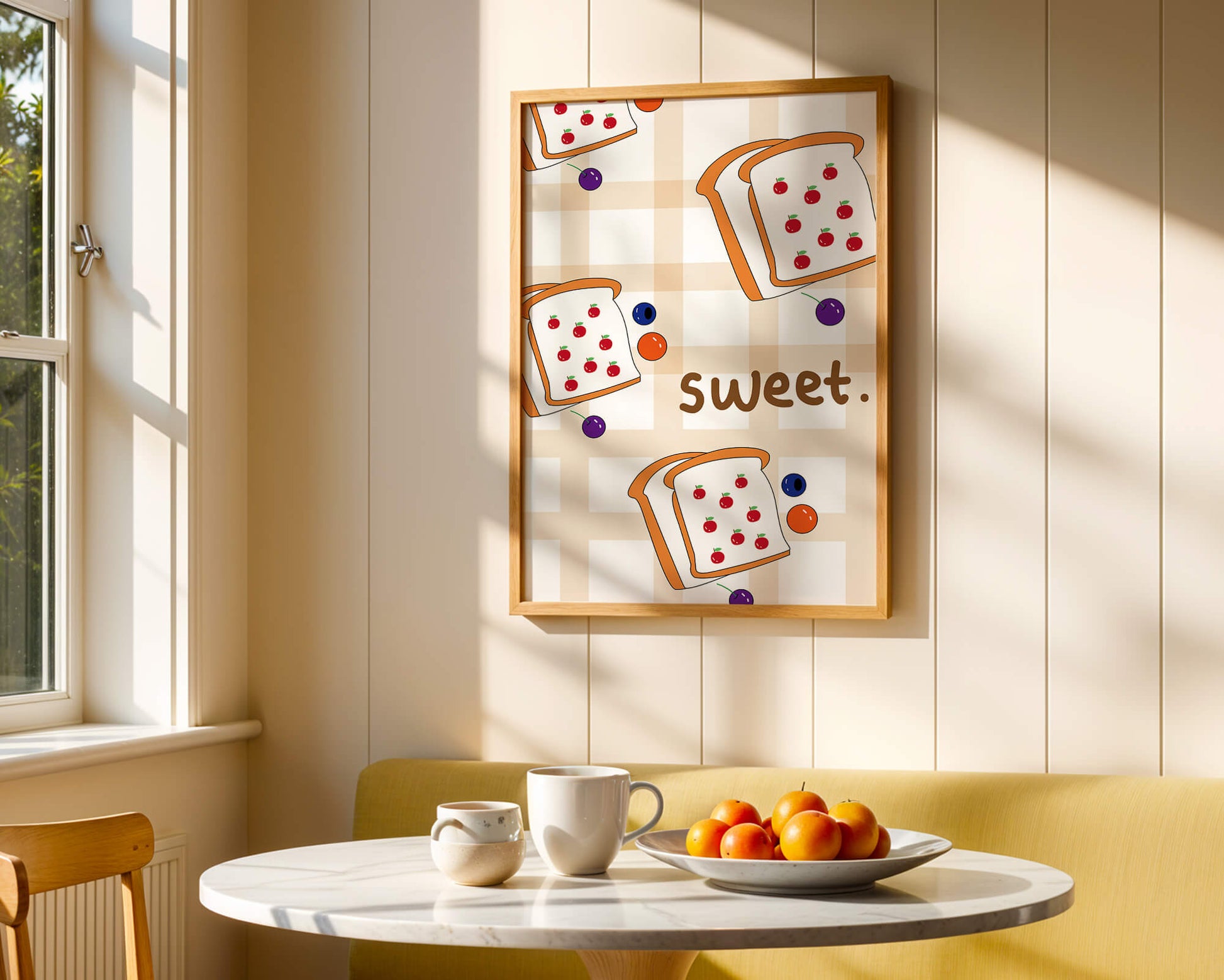 Playful toast pattern with fruit decor and text