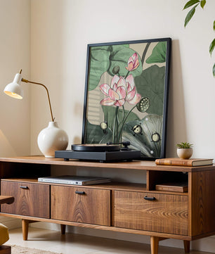 Illustrated lotus with playful cartoon bees in a serene garden