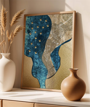 Paisaje texturizado abstracto con elementos dorados y azules