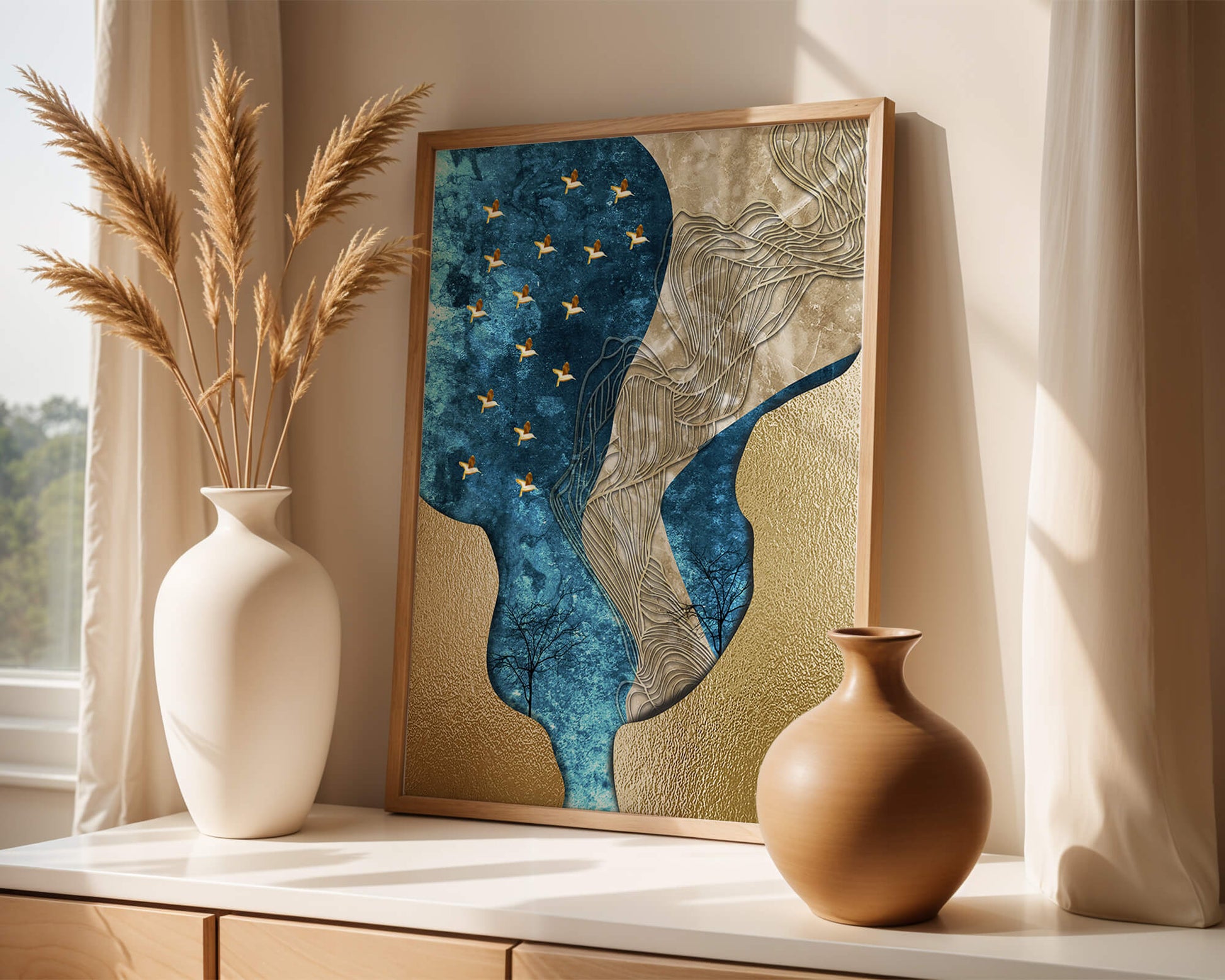 Abstract Textured Landscape with Gold and Blue Elements