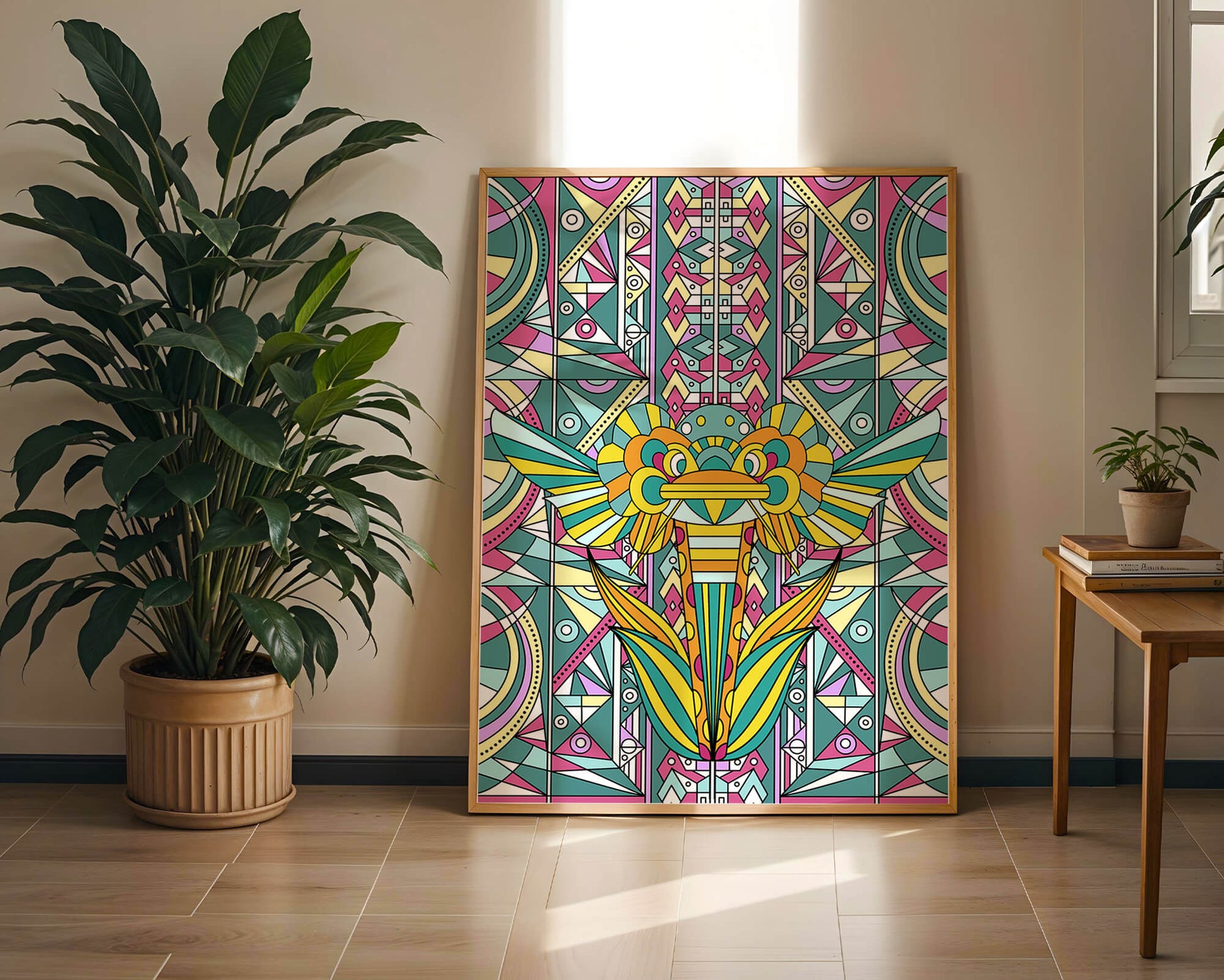 Elefante geométrico colorido con patrones abstractos