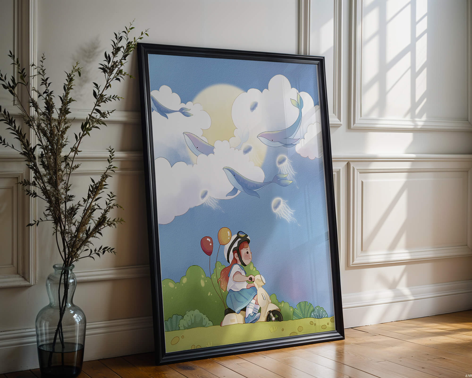 Whimsical illustration of a child riding a scooter with floating whales and balloons