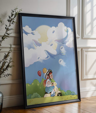Whimsical illustration of a child riding a scooter with floating whales and balloons