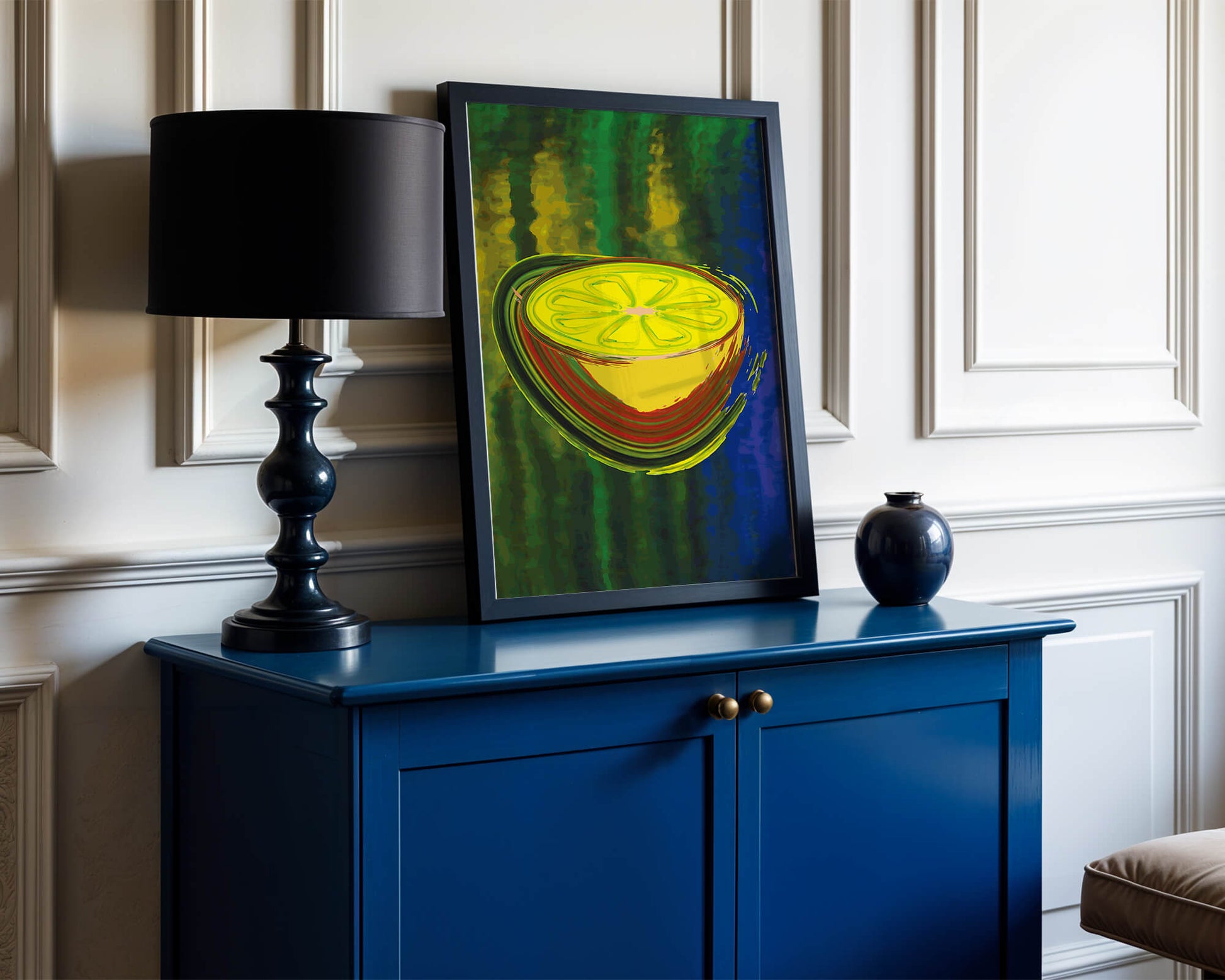 Vibrant abstract lemon slice with a colorful background