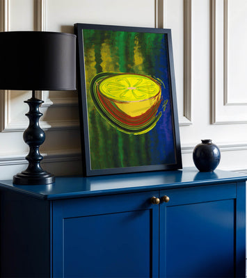 Vibrant abstract lemon slice with a colorful background