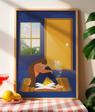 Woman sitting with an open magical book and a fairy in a room