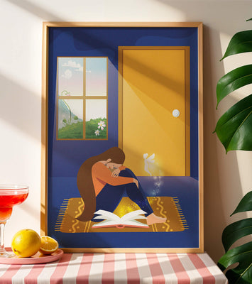 Woman sitting with an open magical book and a fairy in a room