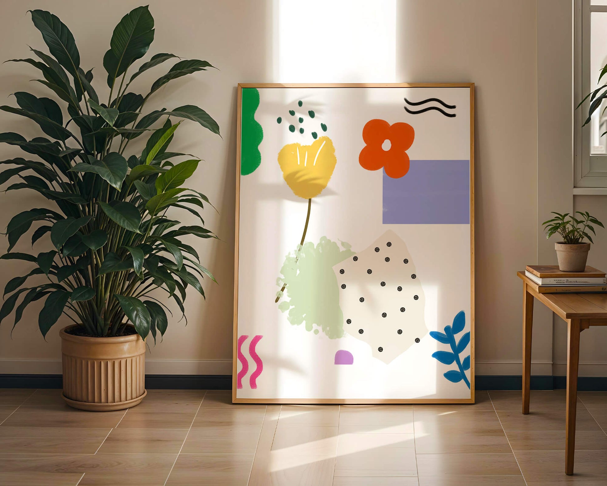 Abstract floral design with colorful geometric shapes