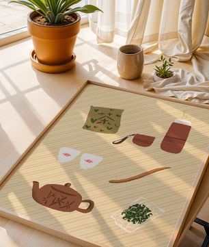 Illustración de un juego de té tradicional con hojas de té y accesorios