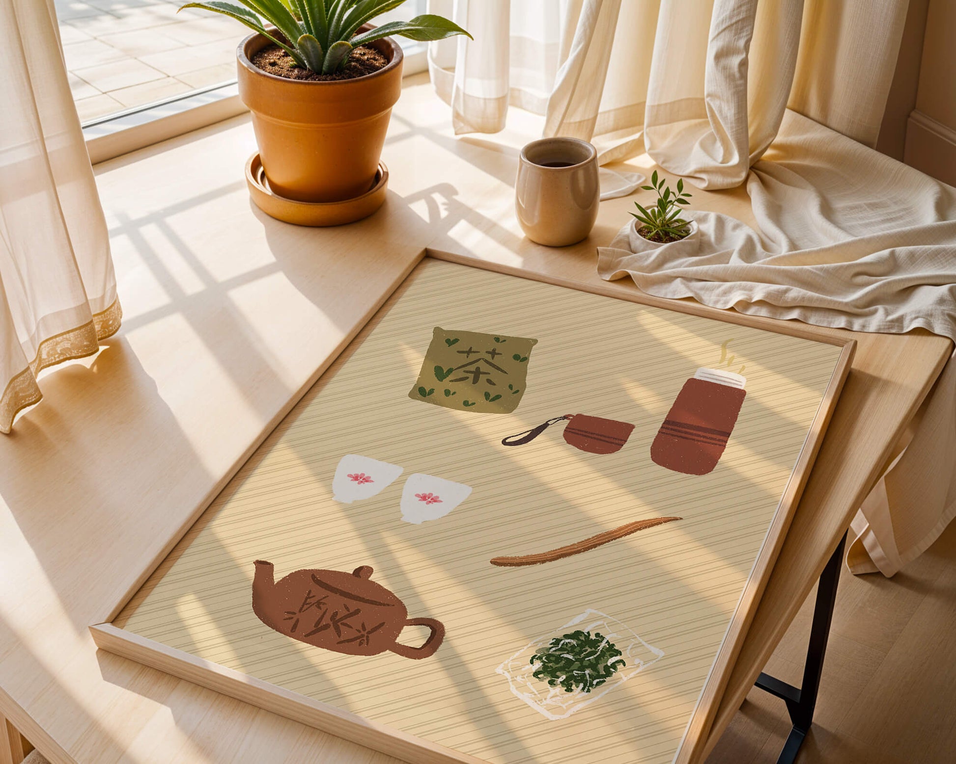 Illustración de un juego de té tradicional con hojas de té y accesorios