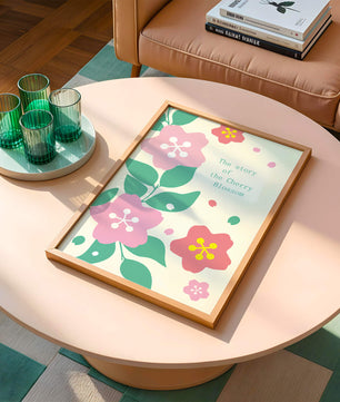 Florale Illustration mit Kirschblüten und grünen Blättern