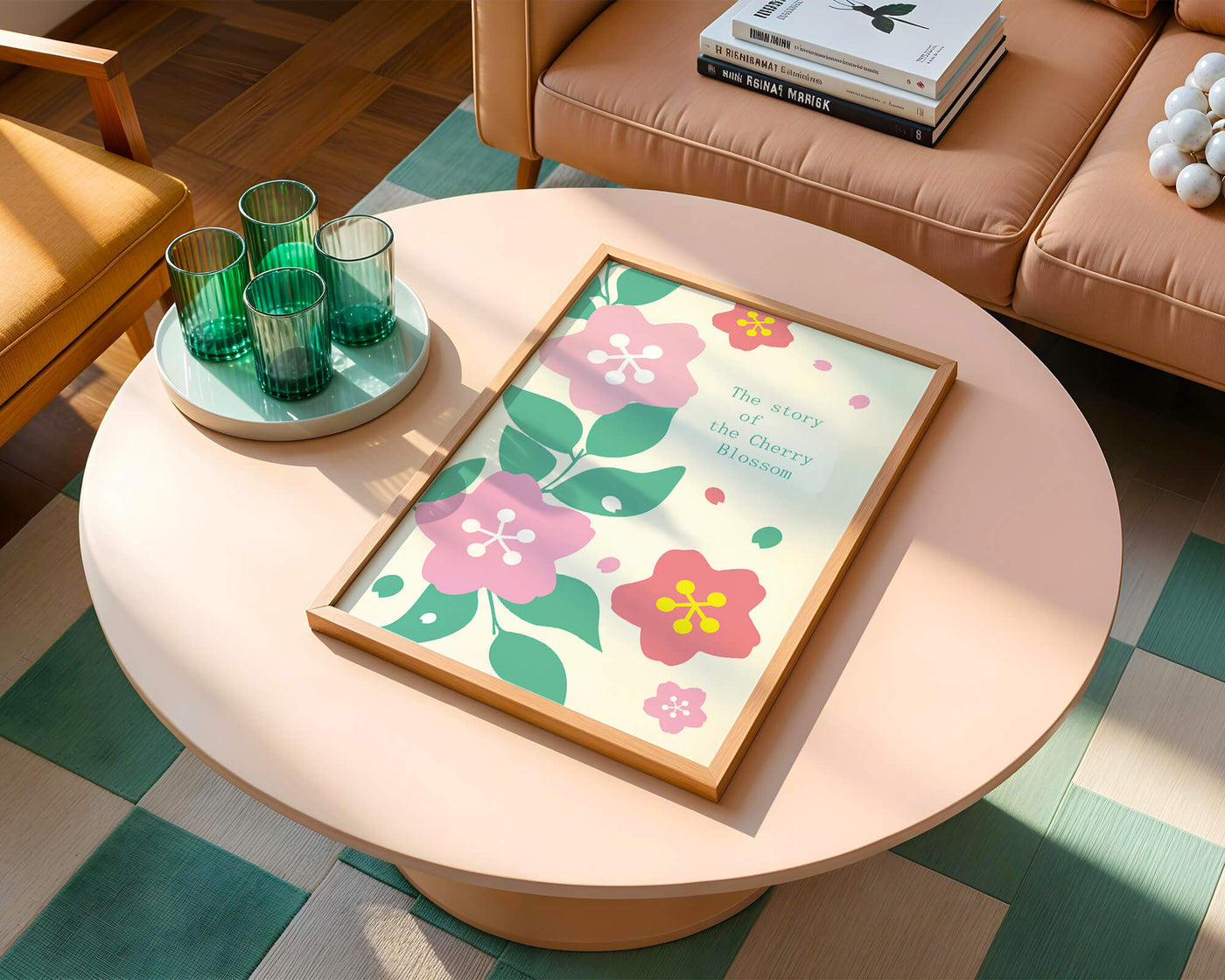 Floral illustration with cherry blossoms and green leaves