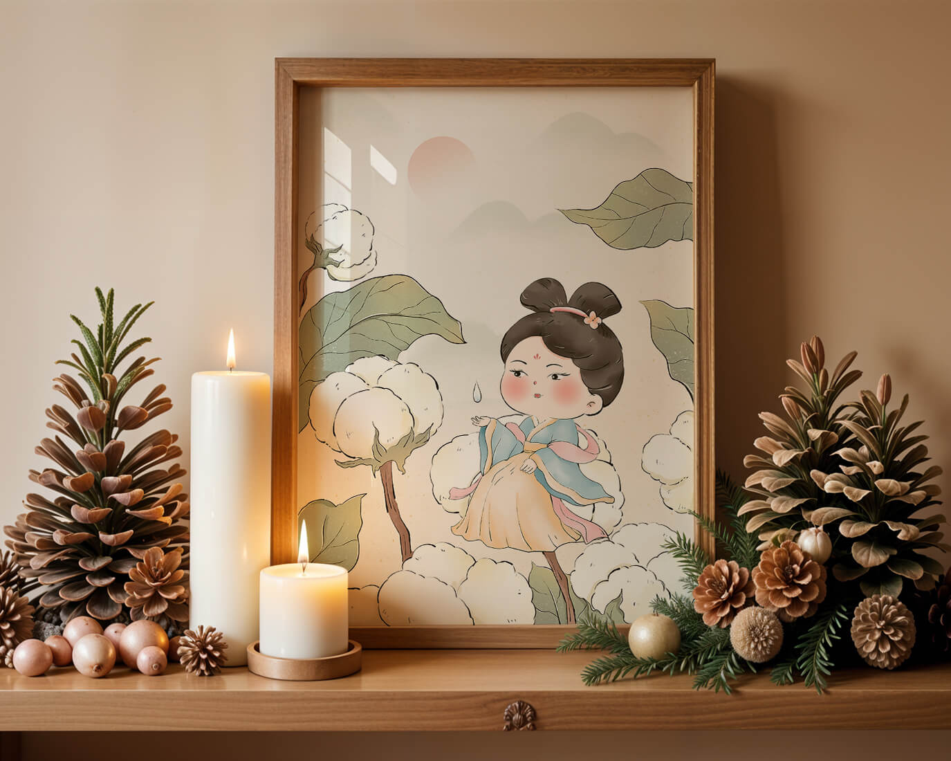 Elegant illustration of a young girl in traditional attire amid cotton plants