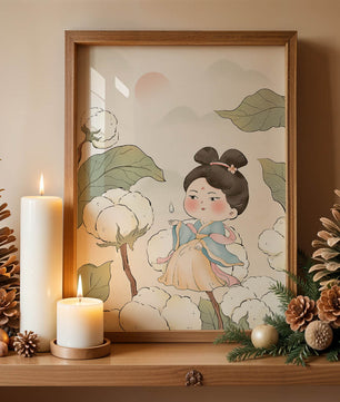 Illustration élégante d'une jeune fille en tenue traditionnelle au milieu de plants de coton