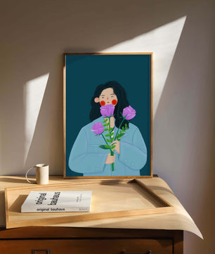 Illustration of a woman with purple flowers on a teal background